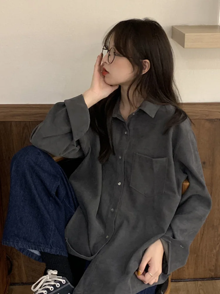 Spring and Autumn New Hong Kong Sle Retro Corduroy Thickened Loose Mid-Length Ins Sle Couple Long sleeve Shirts Women