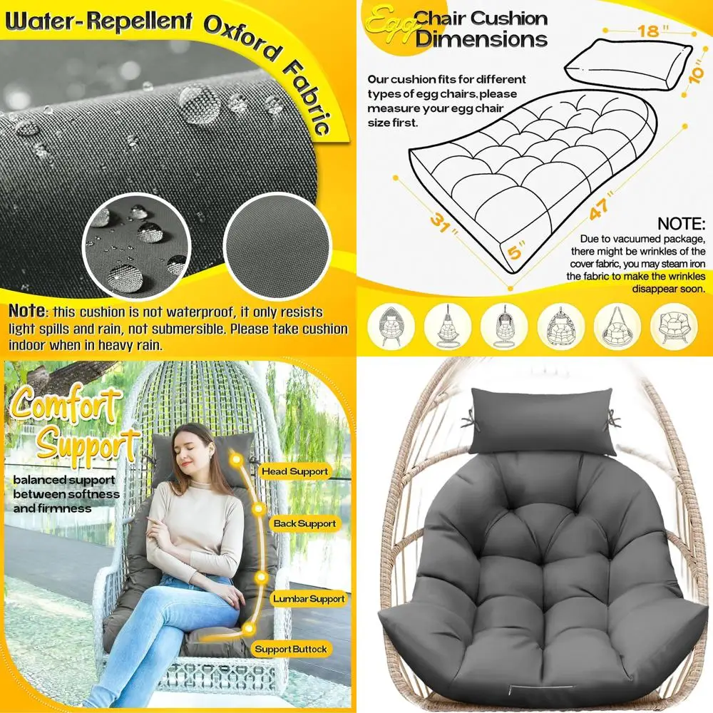 

Grey Memory Foam Egg Chair Cushion, Indoor/Outdoor Hanging Swing Seat with Headrest Support