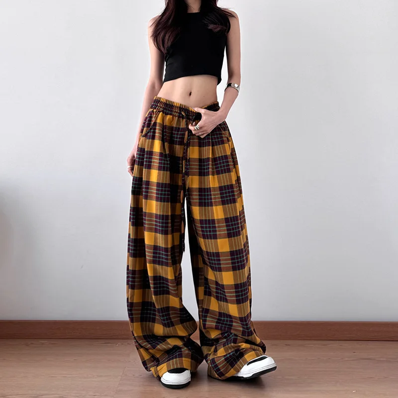 سراويل منقوشة كلاسيكية أمريكية للنساء ربيعية صفراء منقوشة فضفاضة مستقيمة غير رسمية سراويل أرضية واسعة الساق متعددة الاستخدامات