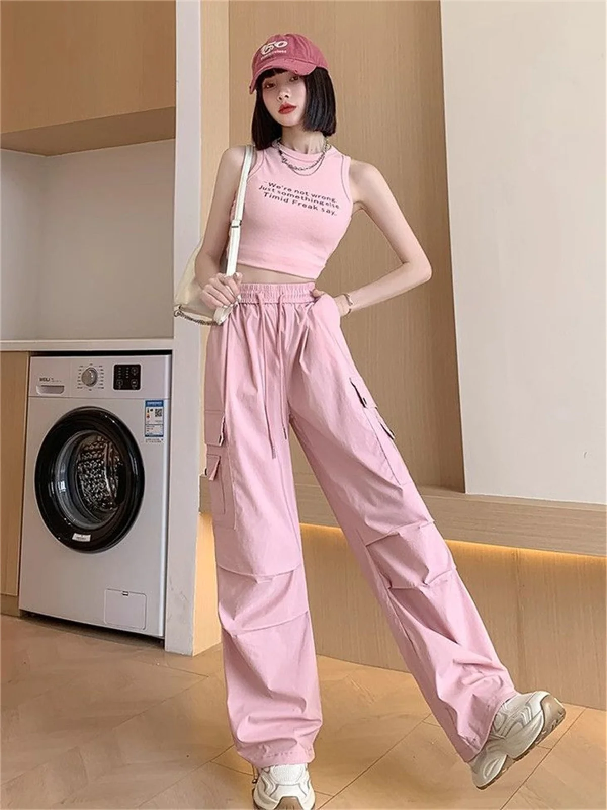 Streetwear Pink Cargo Pants Women Y2K Summer Hip Hop Pocket Wide Leg Joggers Korean High Waist Baggy Sweatpants New