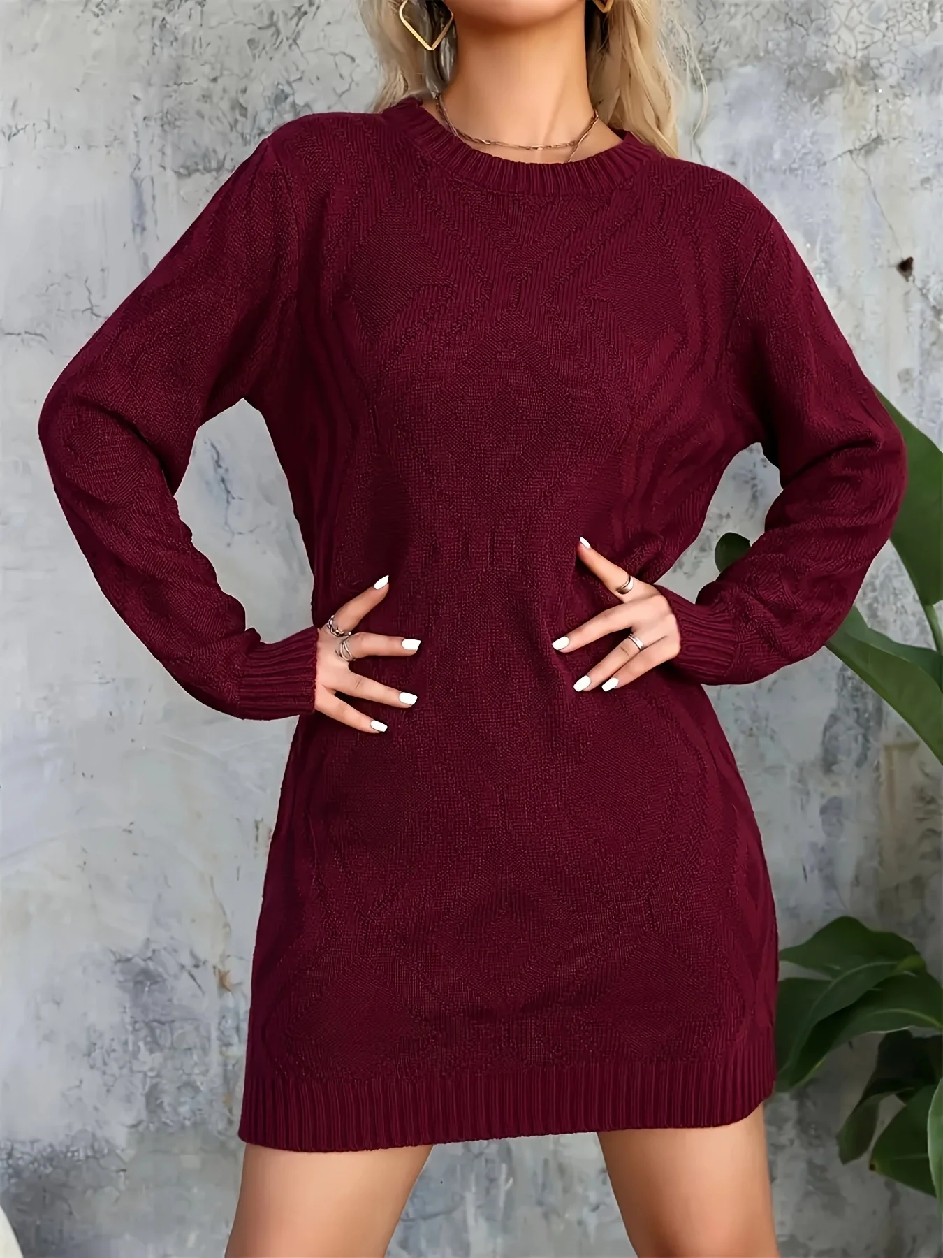 

European and American Elegant Fashion Geometric Jacquard Knit Dress, Round Neck Long Sleeve Plus-Size Sweater Dress