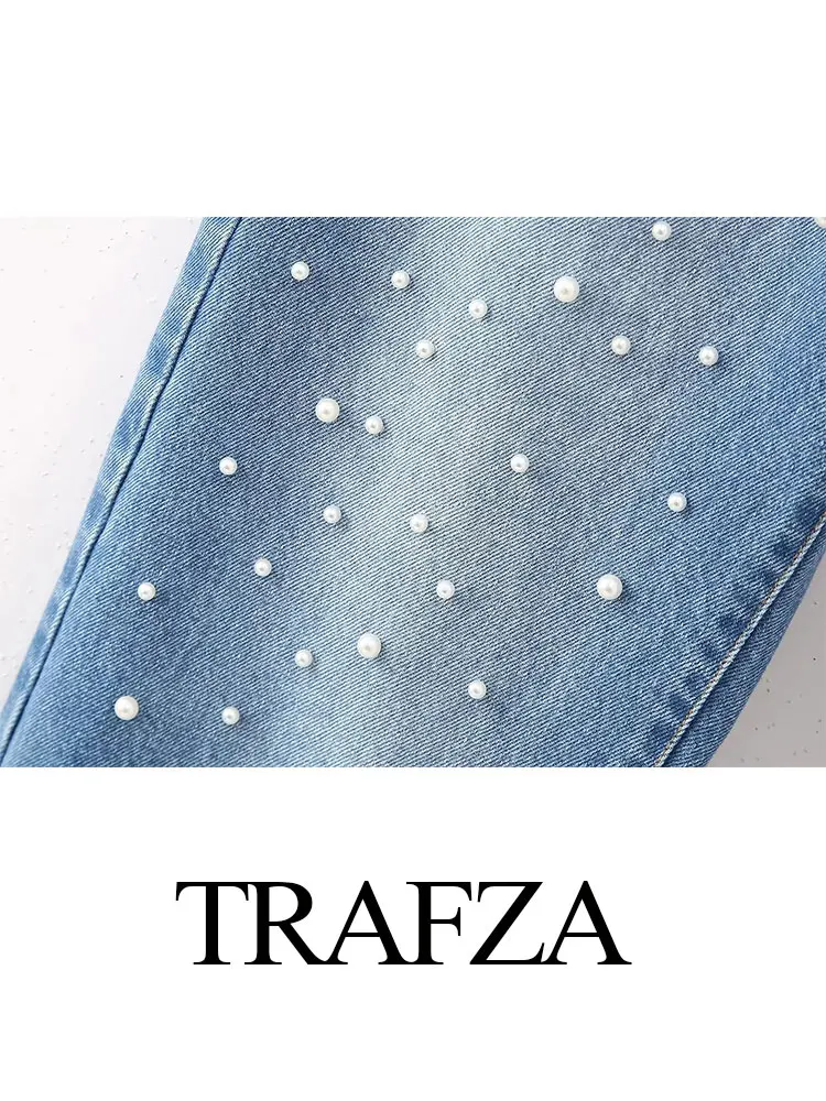 TRAFZA 2024 donna autunno Faux Pearl Denim Shirt Top donna moda maniche lunghe monopetto Casual camicia allentata