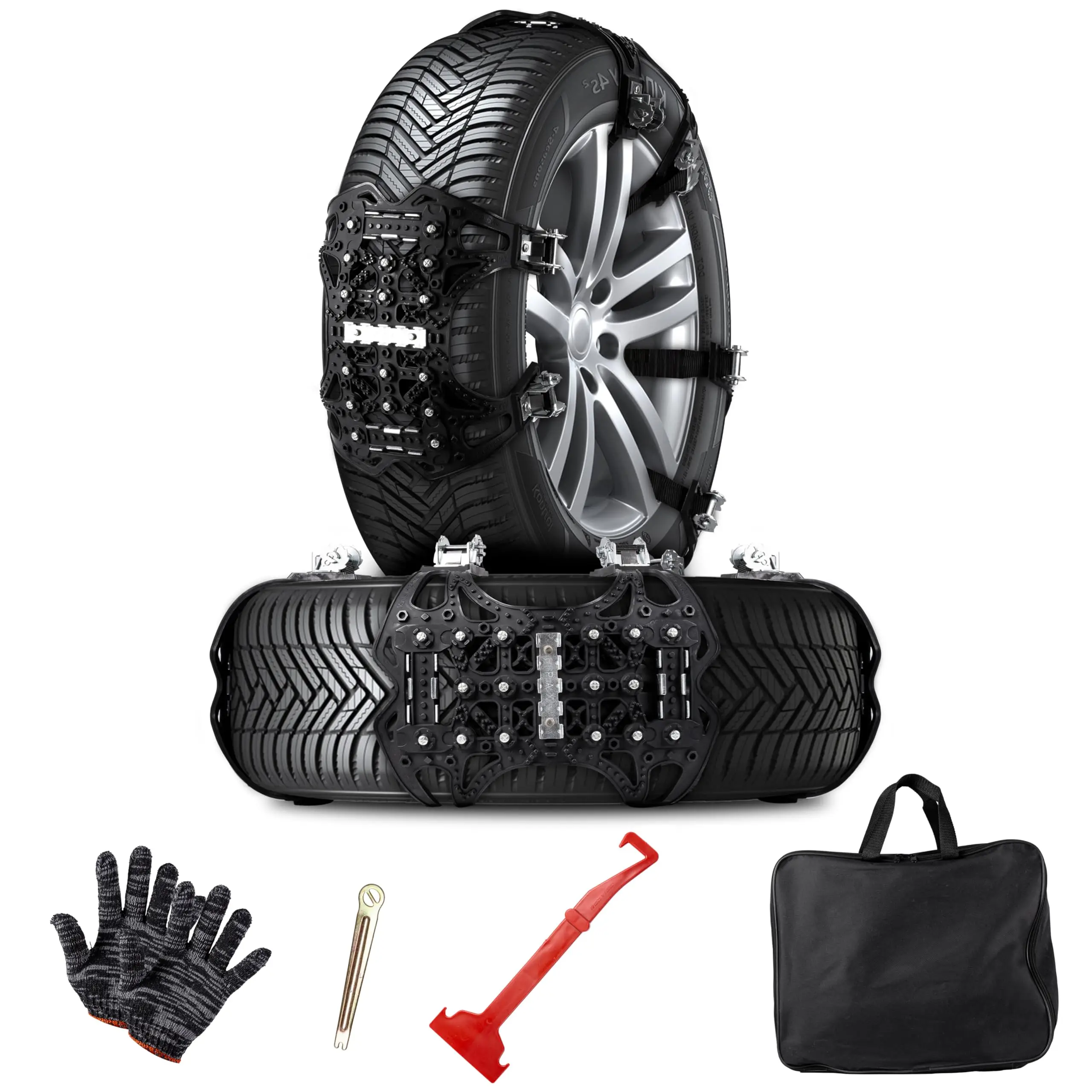 Black Universal All-Season Snow Tire Chains With Anti-Slip Studs For Cars, SUVs, Trucks – 6 Pack Emergency Kit