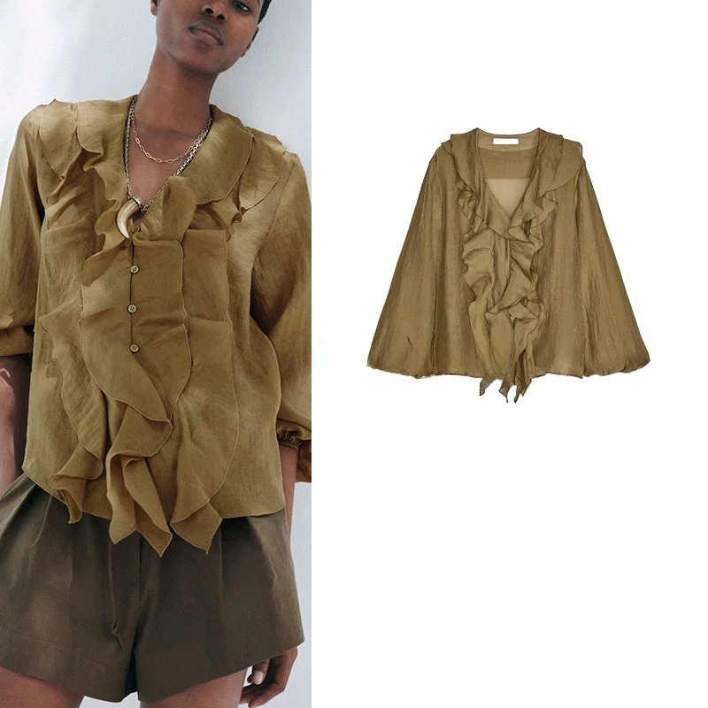 

Spring New Women's Long Sve irt Mixed Fabric V-ne Button Decor Layered Decoration Loose Fit Regular Length UV Protection