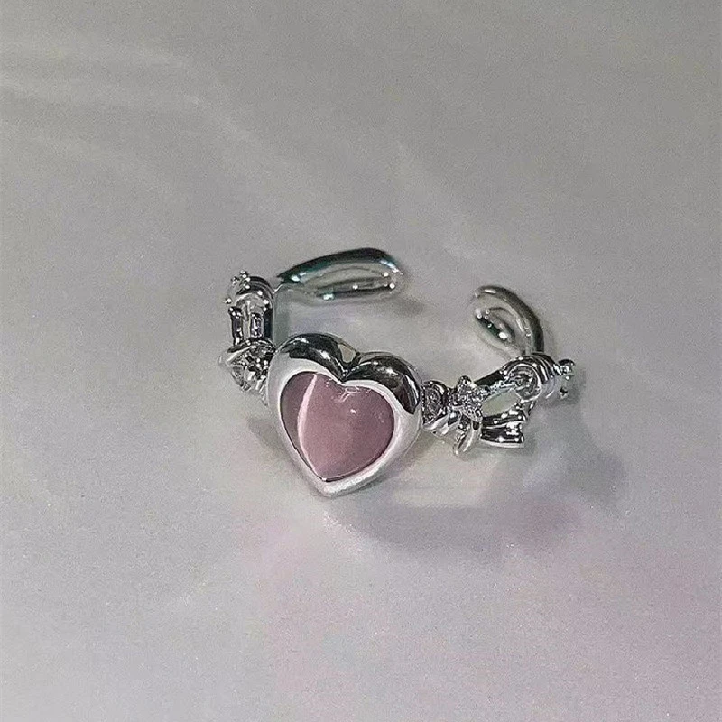 Y2K Trendy Pink Heart Ring Cat Eye Peach Heart Adjustable Women Design Premium Rings Wedding Party Jewelry Gifts Wholesale