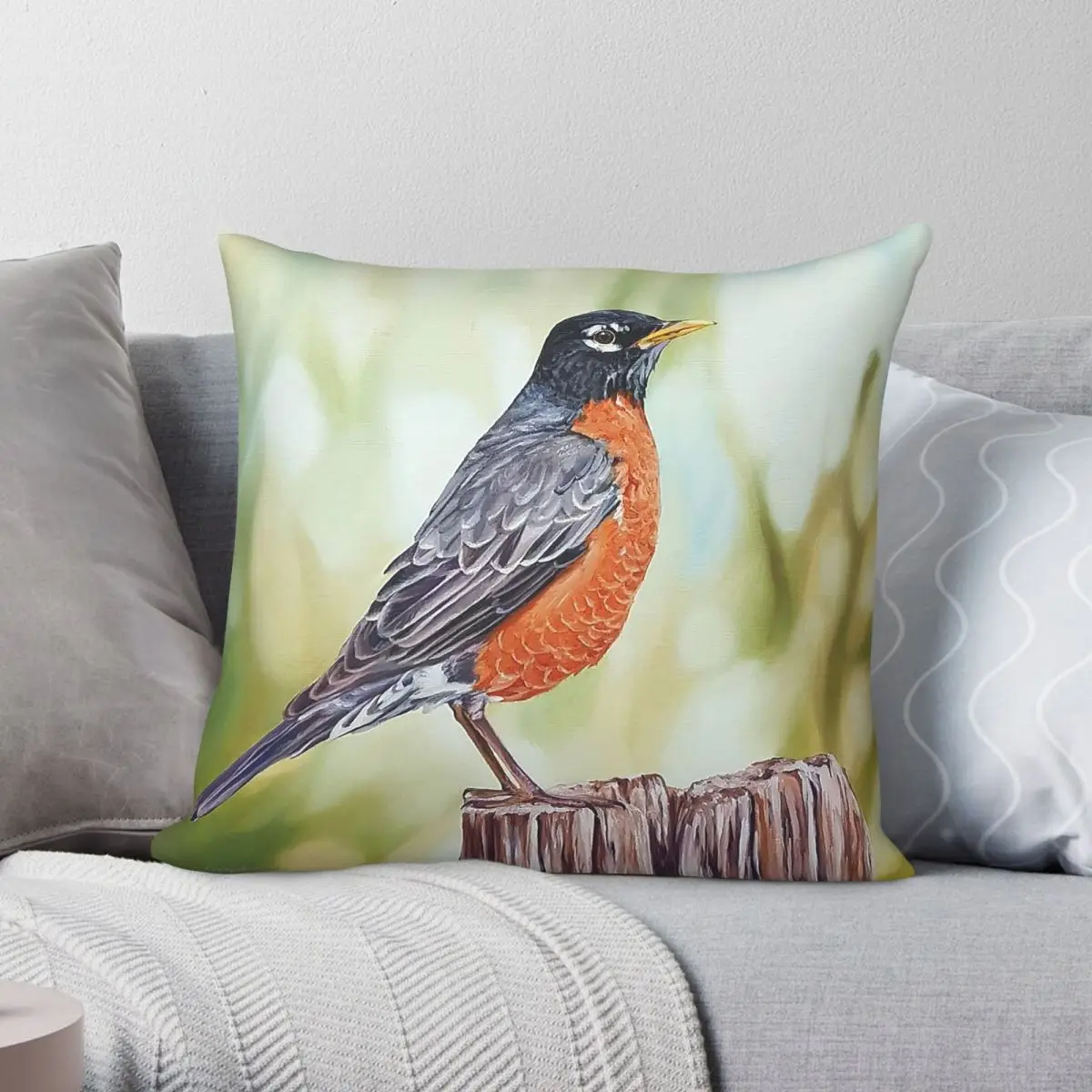 American Robin Bird Pillowcase Polyester Linen Velvet Printed Zip Decorative Car Cushion Cover Wholesale
