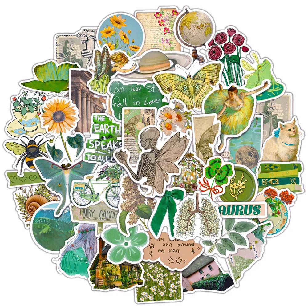 50PCS Grün Retro Kunst Wasserdichte Graffiti Aufkleber für Helm Fahrrad Hand Konto Federmäppchen Aufkleber BulingBulingStickers Store