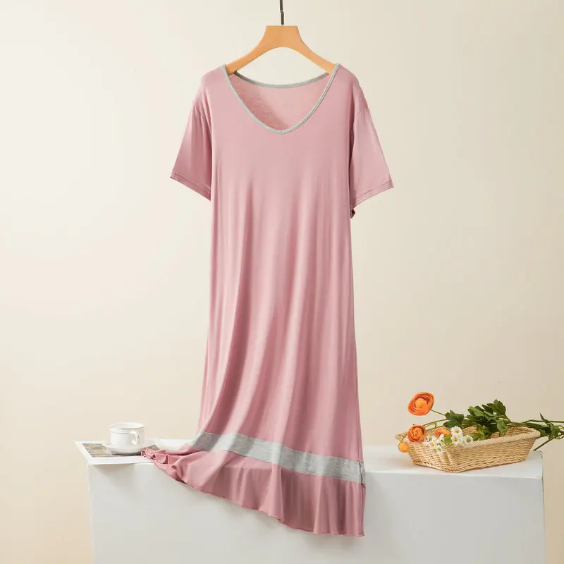 Patchwork Loose Night Dress Women Modal V Neck Nightgowns Female Short Sleeve Summer Nightshirt Casual Sleepwear Nightdress