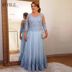 Vestido de noche azul para madre de la novia, traje largo con corte en A, mangas 2024, apliques de tul para novio y madre para bodas, talla grande, 3/4