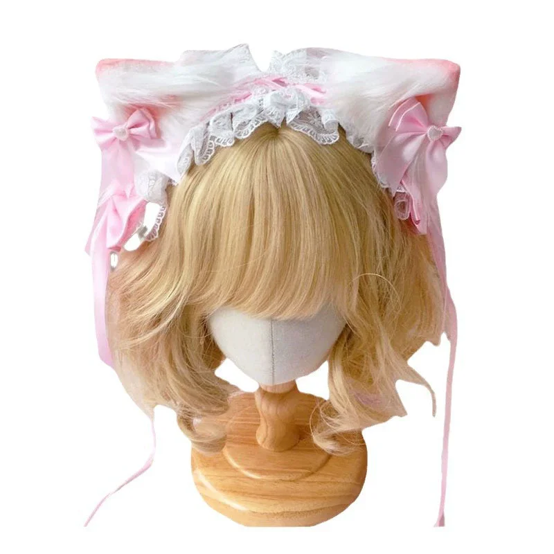 Słodkie Pluszowe Kocie Uszy Lolita Koronkowa Opaska Wstążka Kokarda Cosplay Falbankowa Opaska Akcesoria do Włosów Jk Spinki Maskarada Nakrycie Głowy