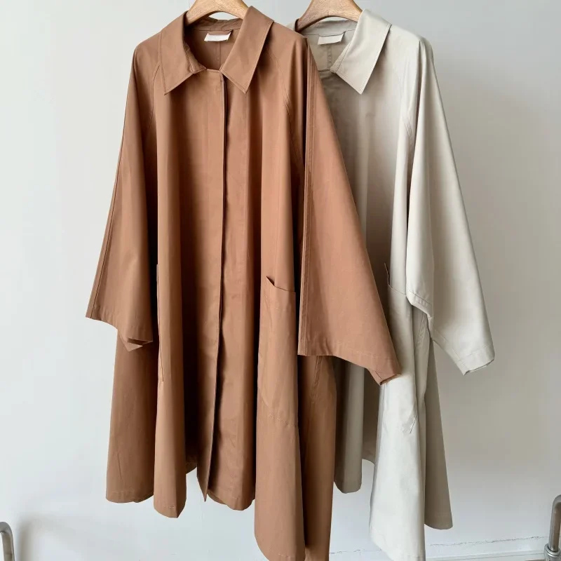 2024 New Early Fall Fashion Washed Cotton Umbrella Shape Wide Sleeve Trench Coat for Women