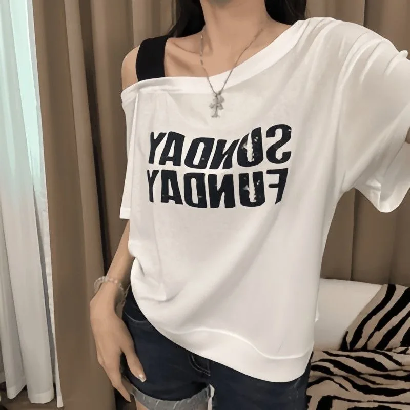 

Summer Sexy Off Shoulder Top Women Vintage Y2k Short Sleeve T-shirt Letter Printed Casual Versatile Short Sleeve Tee