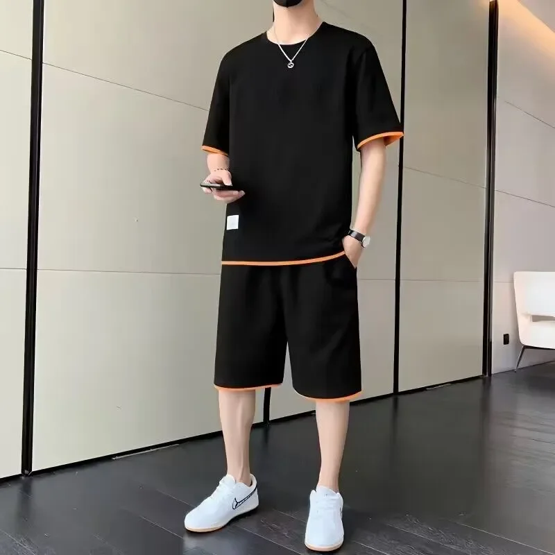 

Летняя футболка из чистого хлопка с короткими рукавами, мужские модные топы и шорты, комплект