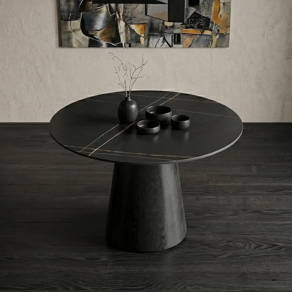 

Round Dining Table, 42 Inch Stone Top, Black & White, Stable Pedestal Base, Suitable for Kitchen or Restaurant Use