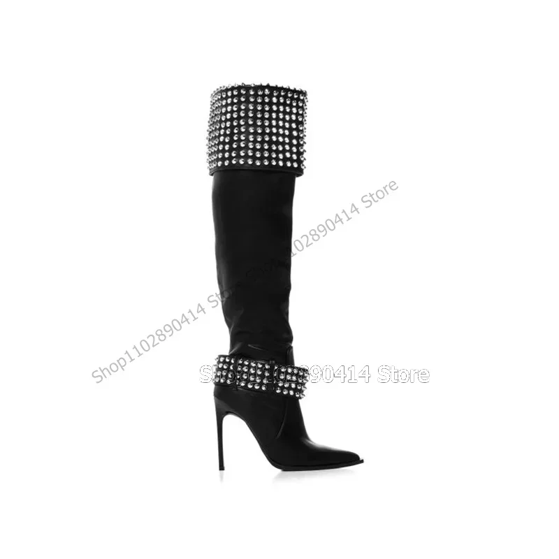 

Crystal Belt Fastener Decor Black Pointy Toe Boots Over The Knee Women Shoes Thin High Heels Novel Sexy 2023 Zapatos Para Mujere