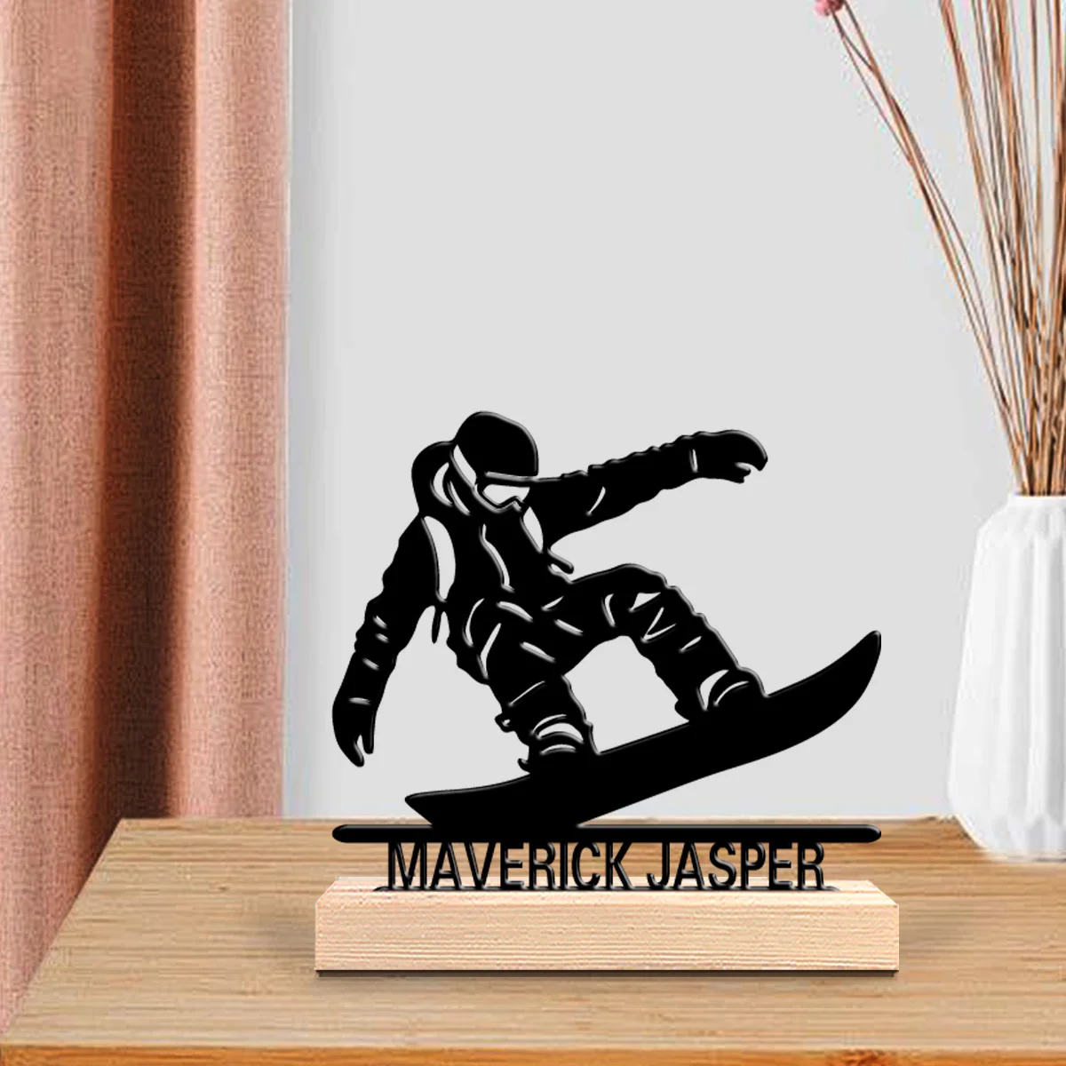 1 Stück Modische Personalisierte Maßgefertigte Ski-Metallstatuen Metallkunst mit Holzsockel Perfekt für Schlafzimmer, Männergeschenke, Geburtstage, Ch