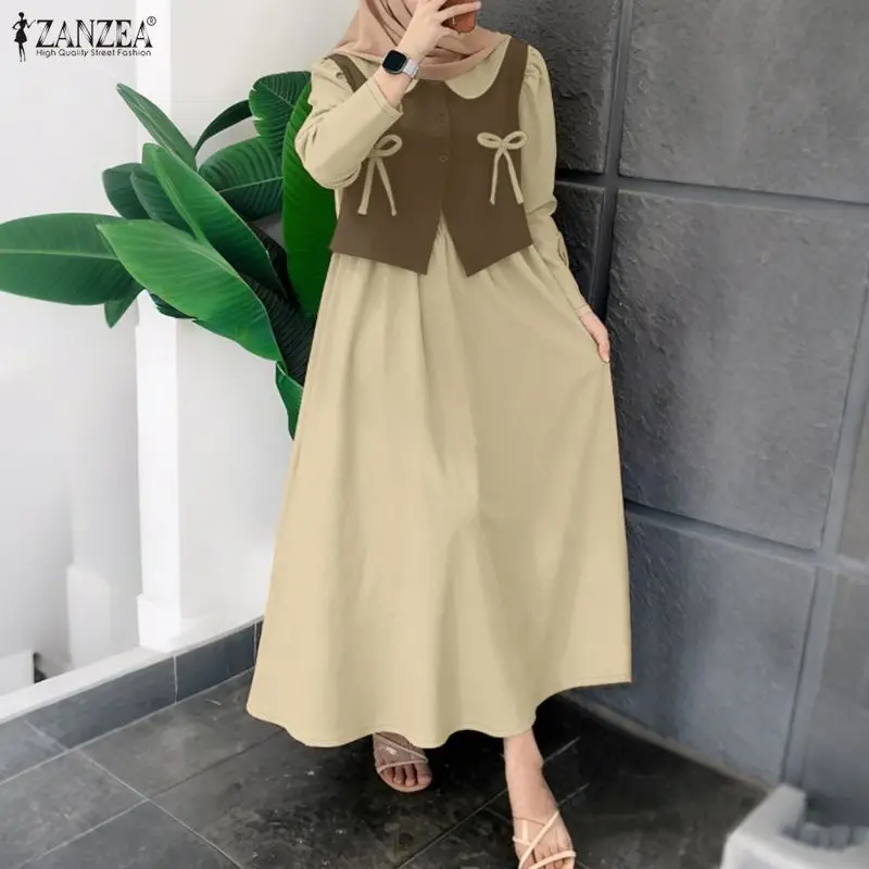 

ZANZEA Women Spring Patchwork Dresses Fashion Muslim Dress Abaya IsIamic Robe Ramadan Elegant Lapel Neck Long Sleeve Sundress