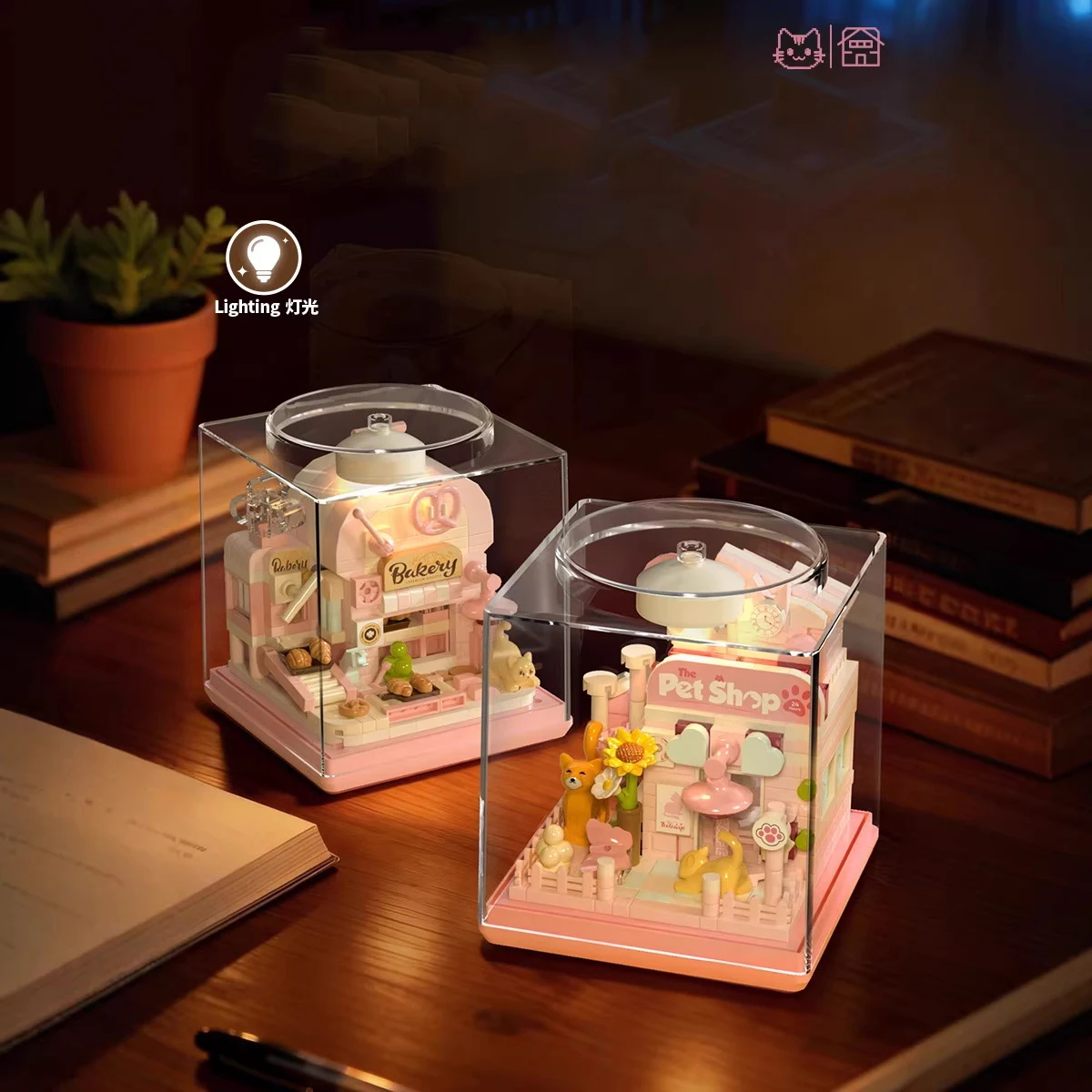 

IDEA Cartoon Animal Scene Building Block Cat Flower Coffee Pets Shop 3D Wall Brick Box Nanobricks Toys With Light For Kids Gifts
