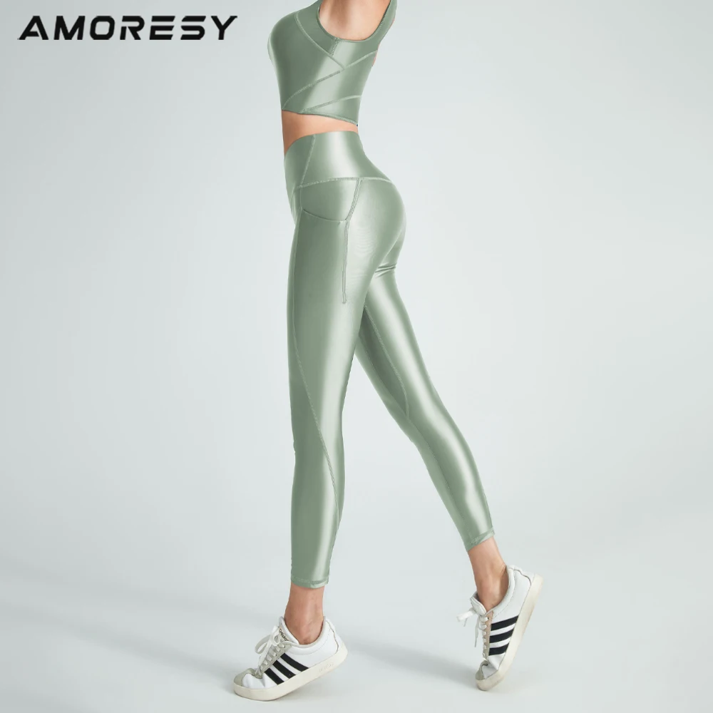 AMORESY Shock-proof Running Anti-sagging Yoga Vest-style No-wire Spandex Push-up Fitness Bra Women Legging Sports Sets Tracksuit