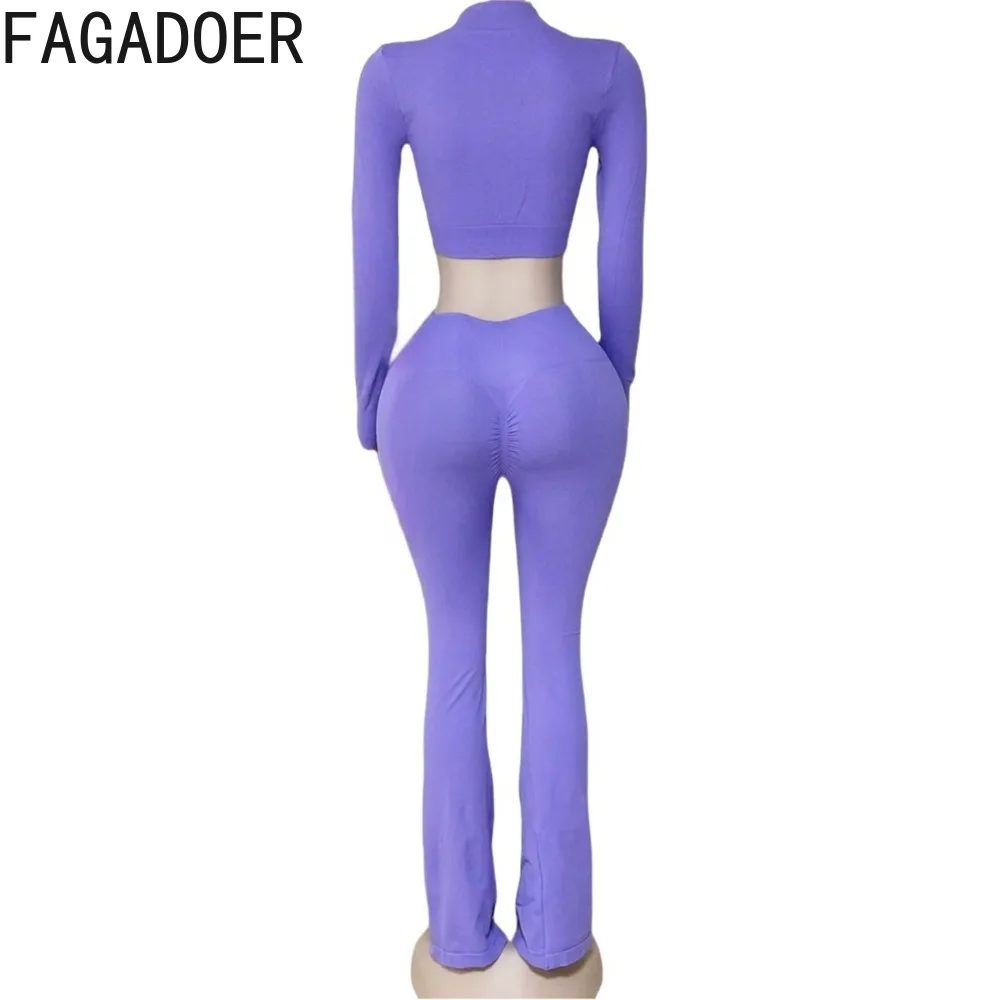 FAGADOER Autumn New Quality 2 Piece Sets Outfit Women Long Sleeve Zip Crop Top + High Waist Flare Pants Suit Sporty Streetwear