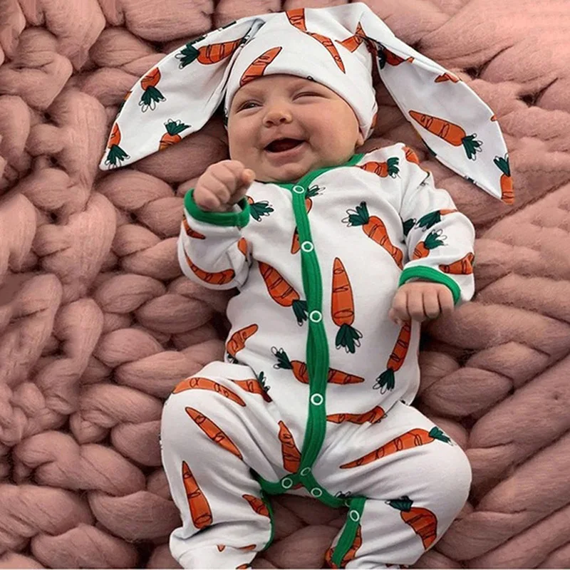 3-18M Baby Easter Rabbit Bunny Costume for Boys Girls Carrot Printed Romper Jumpsuit Hat 2pcs Set Long Ear Button Spring Autumn