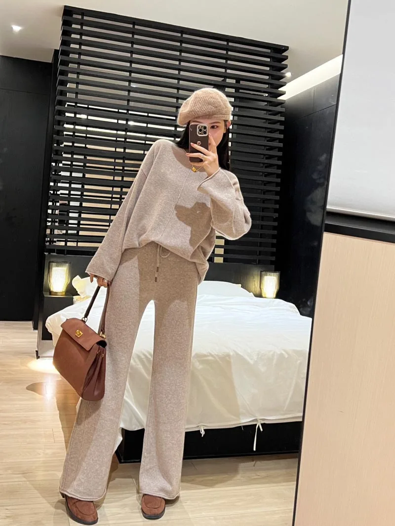 2024 Autumn/Winter New Women's Sweater Fashion Exquisite Loose Wool Set Round Neck Loose Knitted Sweater+Straight Leg Pants