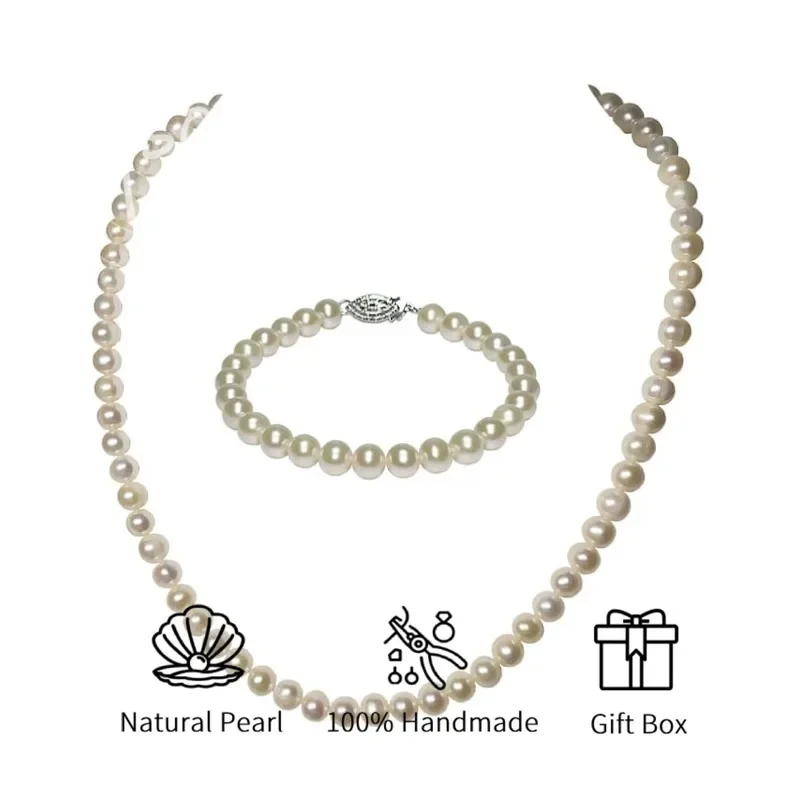 

MYSOYA комплект ювелирных изделий из белого пресноводного жемчуга 6-7 мм, ожерелье-браслет с подарочной коробкой для нее/мужнего дня рождения/свадьбы/рождественских подарков