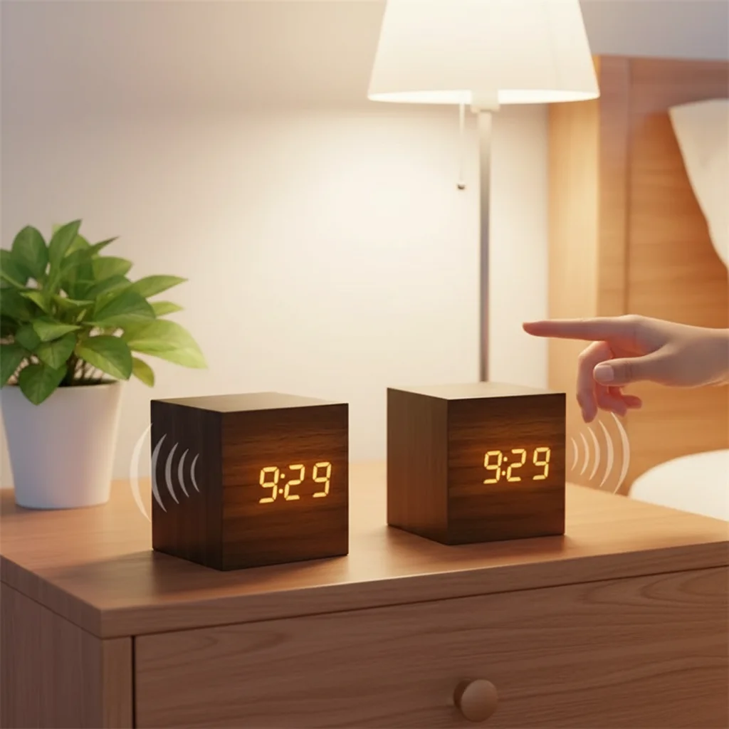 Horloge électronique numérique à commande vocale, lumineuse, LED intelligente, réveil en bois, montre de bureau multifonctionnelle