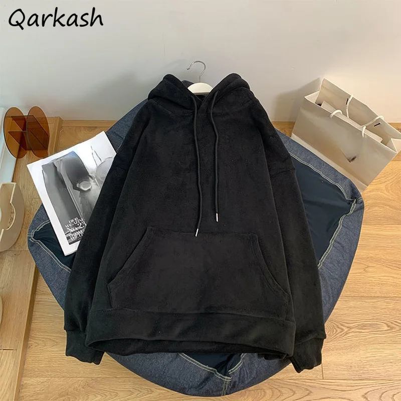 

With Hat Hoodies Women Design Simple Solid Hooded Pockets Clothing Candy Colors Students All-match Thick Warm Winter New 2023