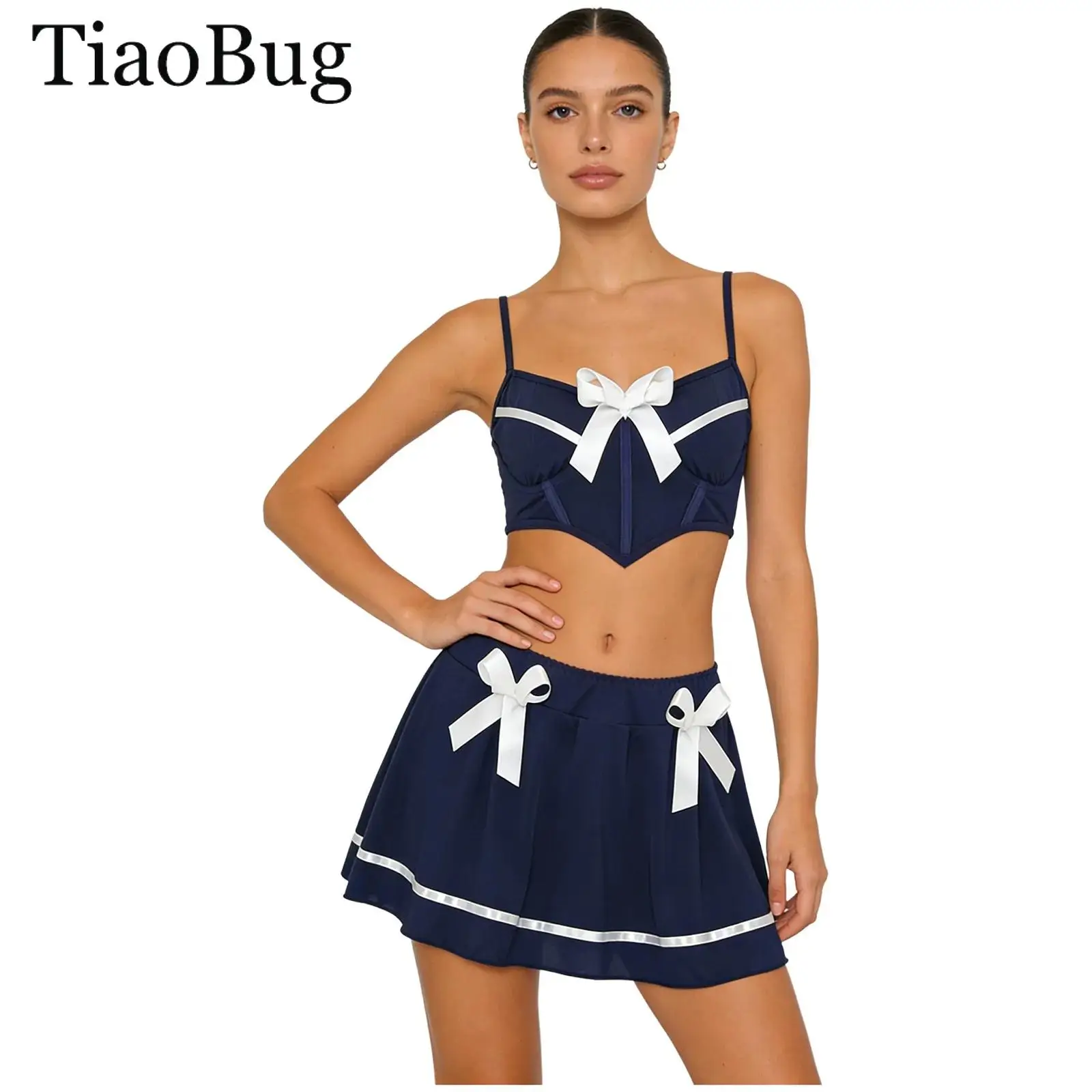 

Women Sweet Schoolgirl Anime Suit Cute Bow Lingerie Set Push-up Underwire Crop Tops T-back Thong And Pleated Skirt Dating Night
