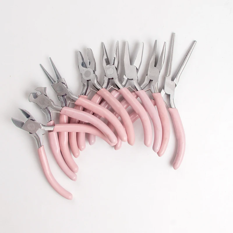 Portable Pink Color Stainless Steel Pliers Tools Set Round Nose Cutting Wire Plier Kit For Handcraft Beading DIY Jewelry Making