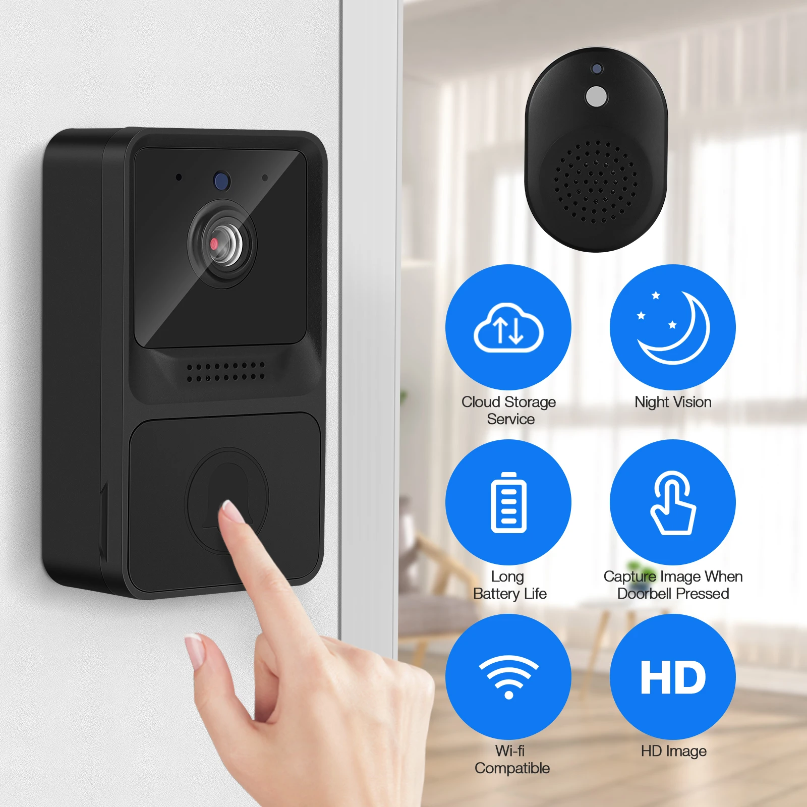 

Video Doorbell Camera Low Power Consumption for Home Office Black Wifi Night Vision Multiple Accounts