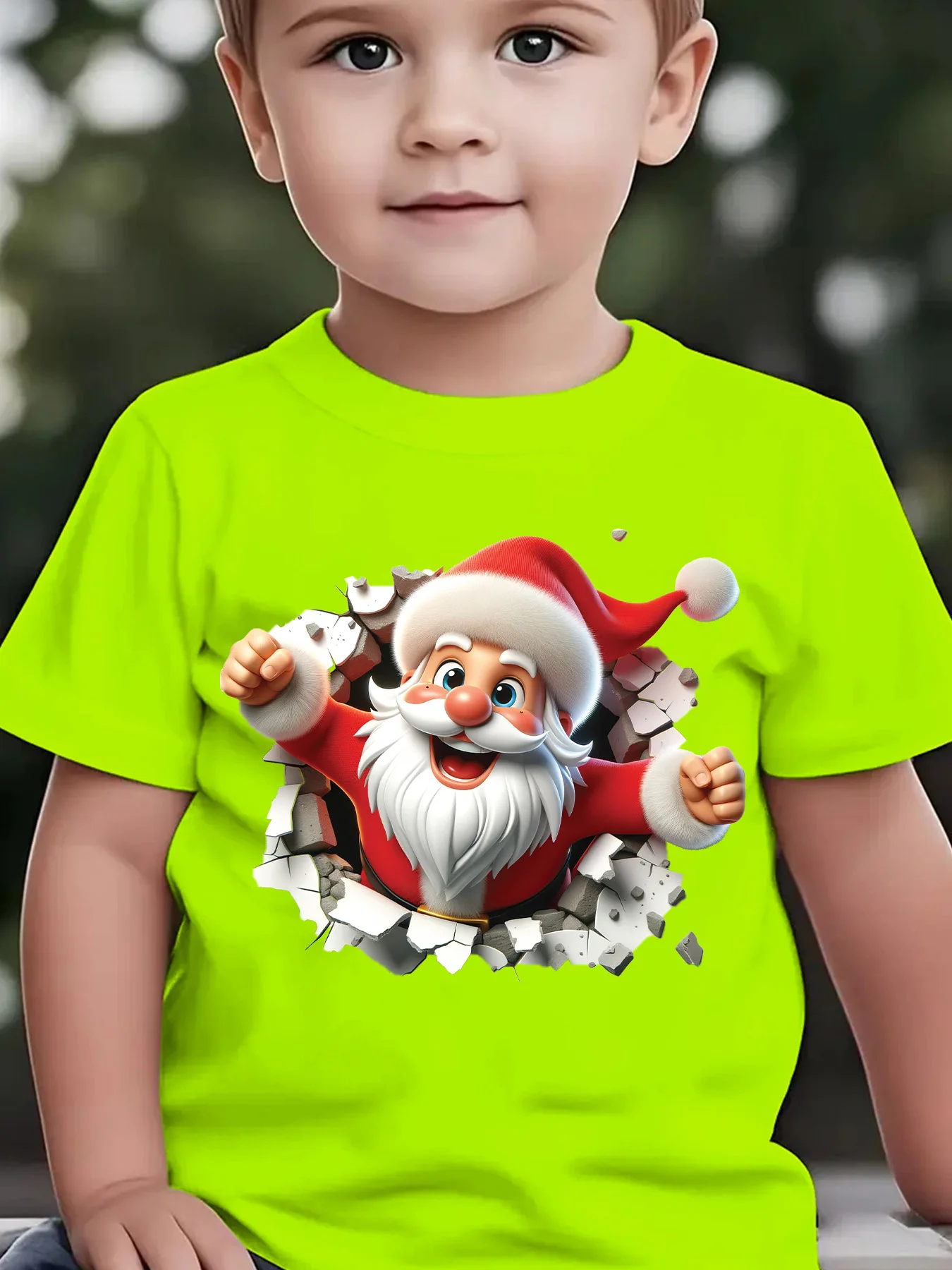 Summer Children's Fashionable T-shirt with Santa Claus Print Breaking Through The Wall for Parent-child Casual Top