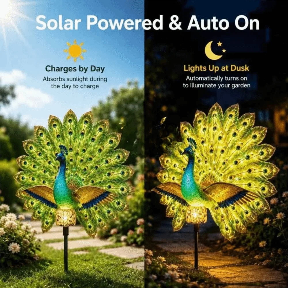 Solar Powered Solar Peacock Garden Light Glowing Tail Weather Resistant Peacock Solar Light Ornament Auto-On LED