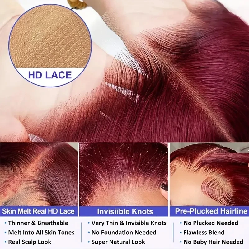 99j Burgundy Body Wave Transparent Lace Front Wig 13x6 Virgin Human Hair Wigs 250 Density Pre-Plucked Voluminous Waves for Women