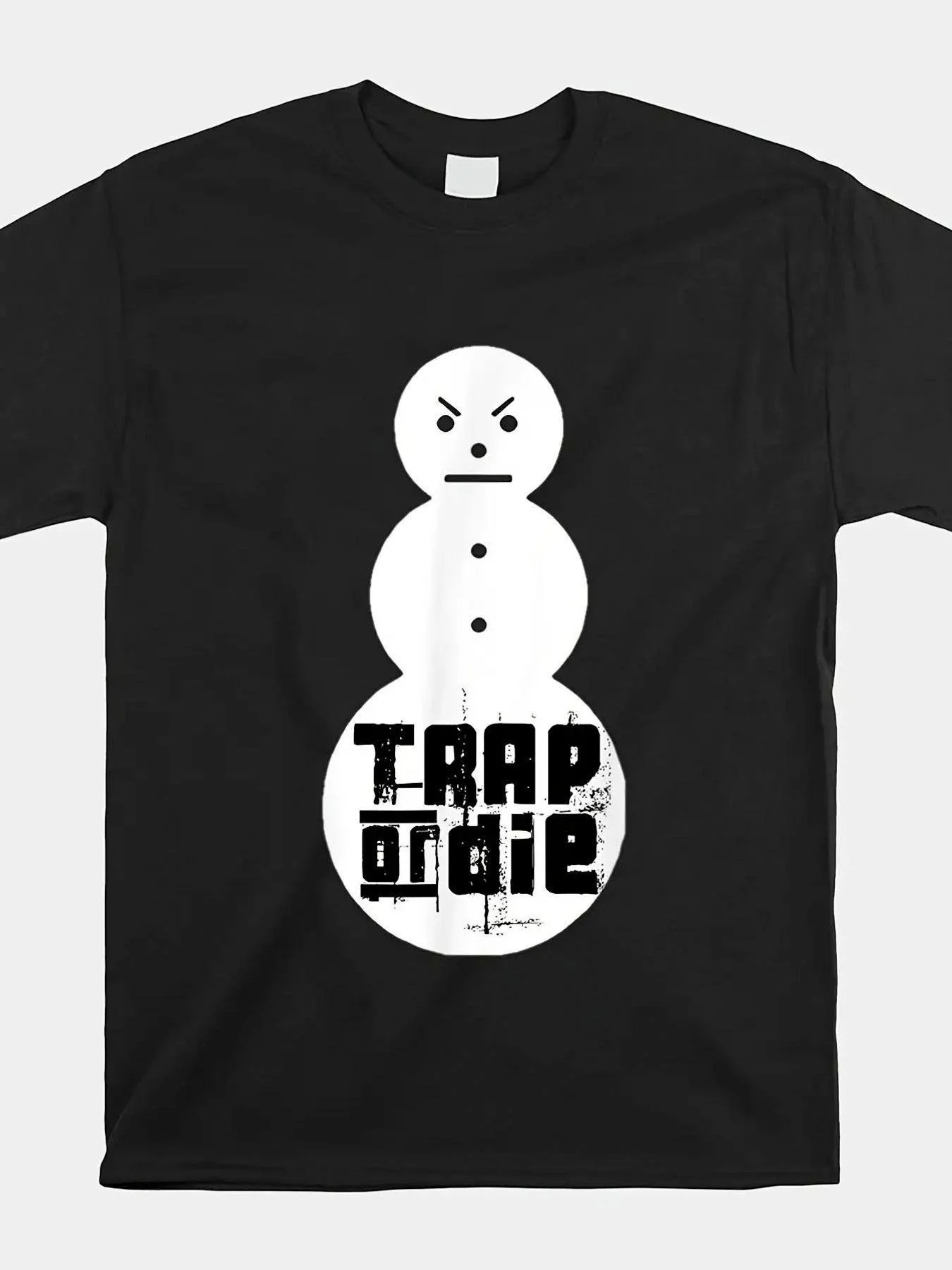 Oversized Black T-Shirt Featuring a White Angry Snowman Graphic, Three Stacked Snowballs, and a Bold Distressed 