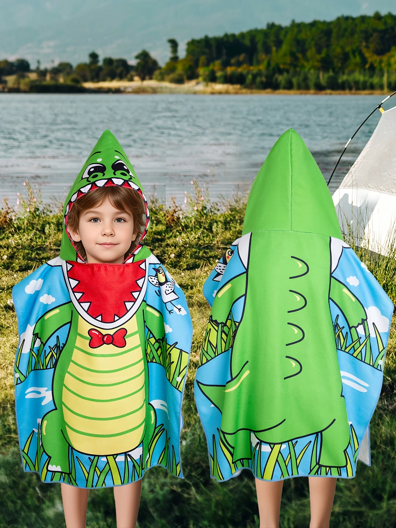 

1pc 2D Crocodile Print Hooded Towel Poncho, Quick Dry Polyester Changing Robe, Matching Family/child Swim Poncho for Summer