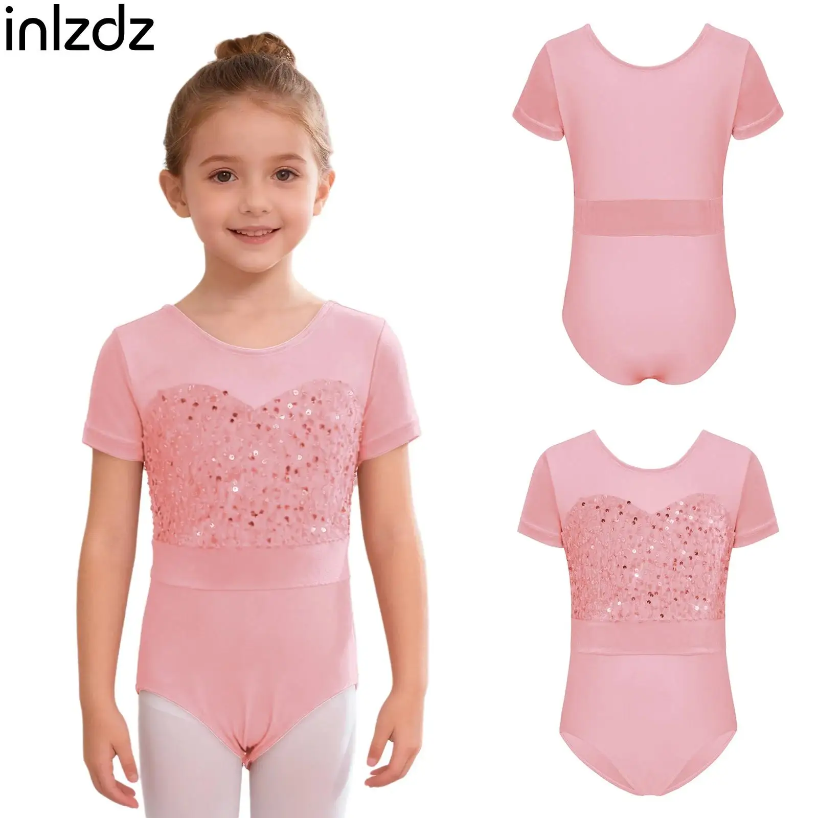 

Kids Girls Ballet Dance Leotard Round Neck Short Sleeve Shiny Sequins Velvet Patchwork Press Buttons Crotch Bodysuit Dancewear