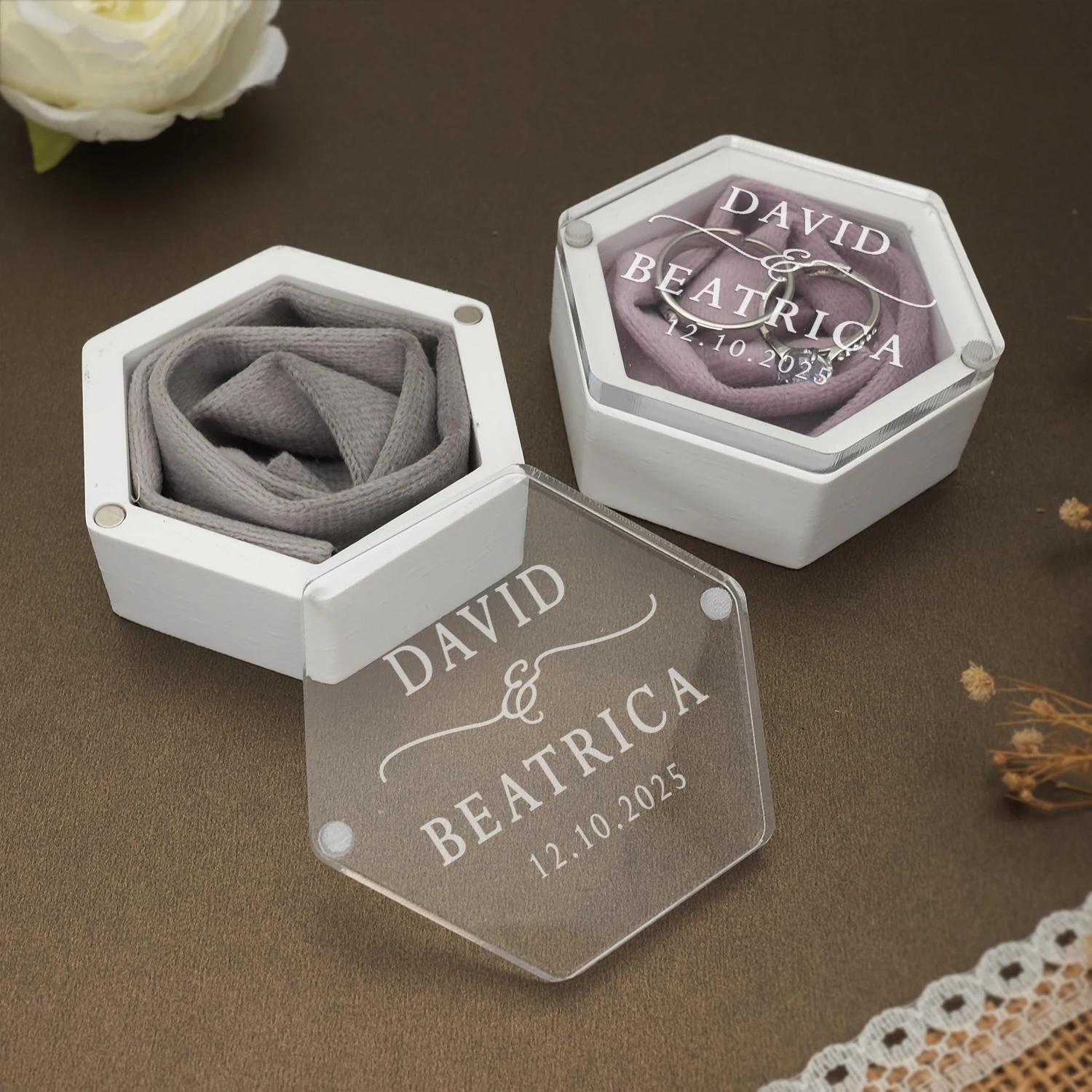 

​Personalized Wedding Ring Box - Engraved Ring Holder for Ceremony, Engagement Proposal, Custom Names & Date Wedding ring box