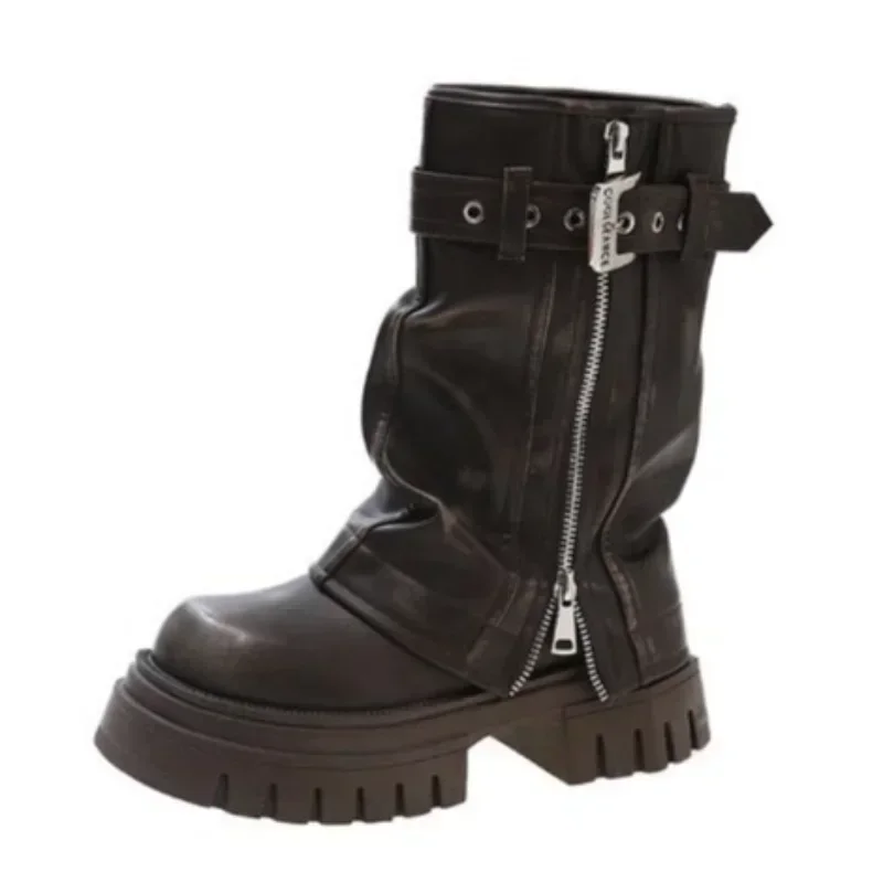 2025 Winter Women Biker Boots Fashion Belt Buckle Ladies Elegant Platform Long Pipe Booties Casual Women's Knee High Booties image 6