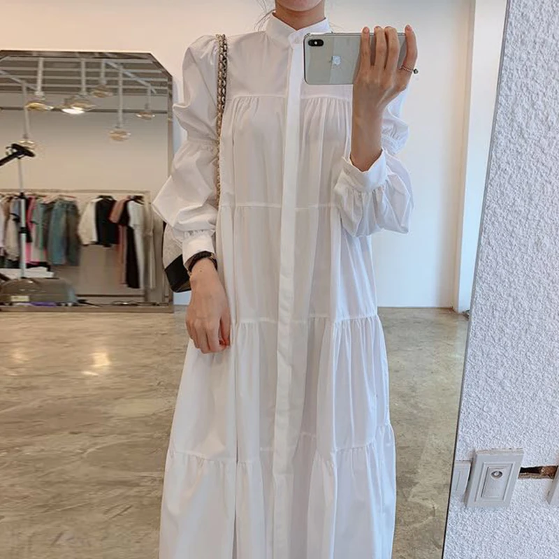 E y Chic Vestido Csero con Cuello Alto y Mangas Abullonadas, Falda Larga, Estilo Hoado para Mujer, Versión Corean...