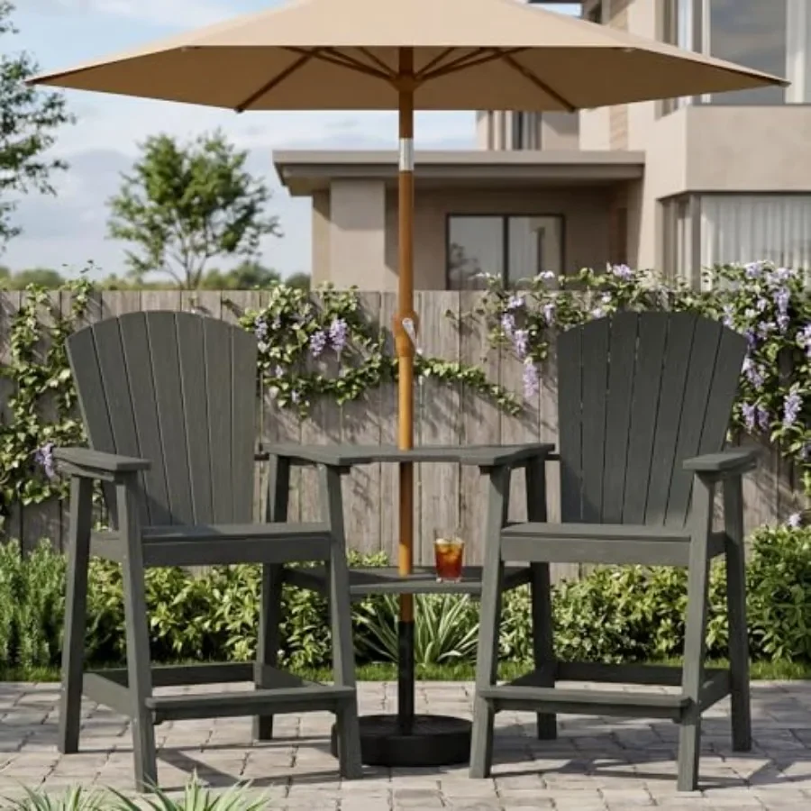 Outdoor tall Adirondack chairs set of 2, polywood material, classic gray, weather-resistant with double connecting trays