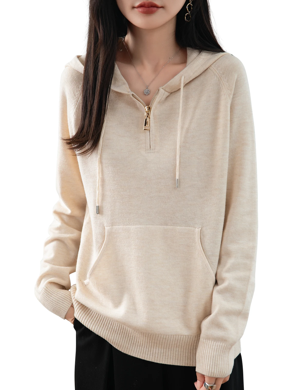 

Hooded Zipped Neck Knitted Top for women Pullover New Spring Fall Fashion Casual Long Sleeve Tops Hoodies Sweater Woman Clothing