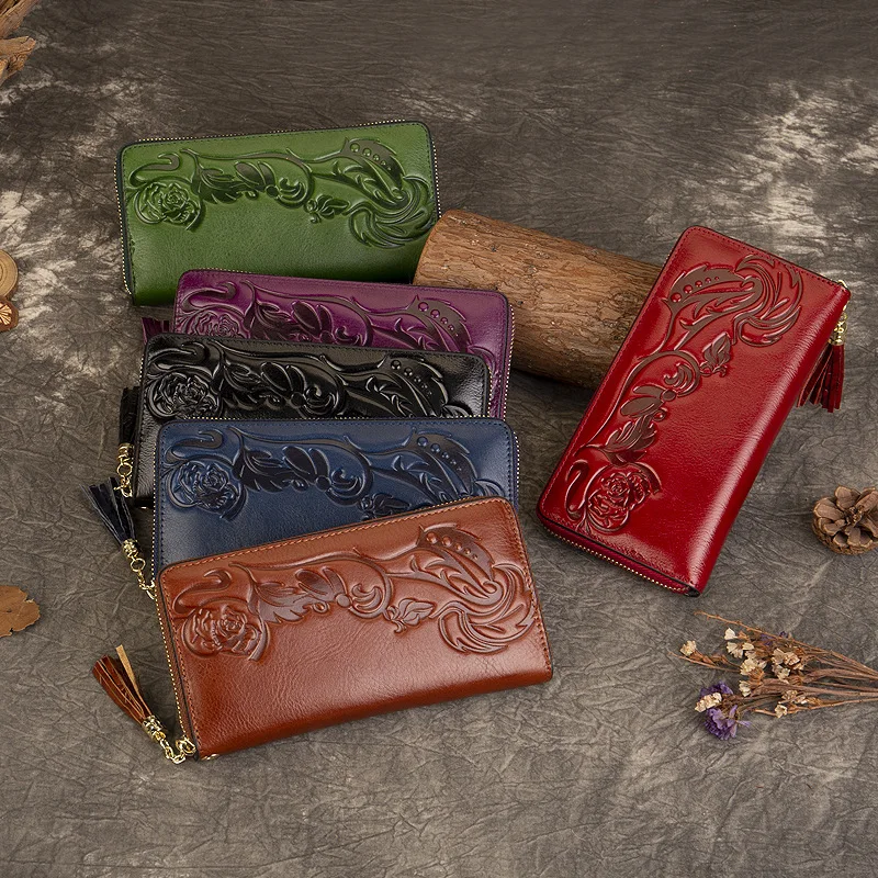 Johnature Genuine Leather Embossed Wallet Vintage Women Long Wallets 2026 New Card Holder Real Cowhide Large Capacity Hand Purse