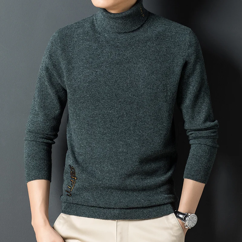 

autumn Men's 200% pure wool turtleneck sweater winter Korean jacquard casual slim fit high texture bottomed shirt