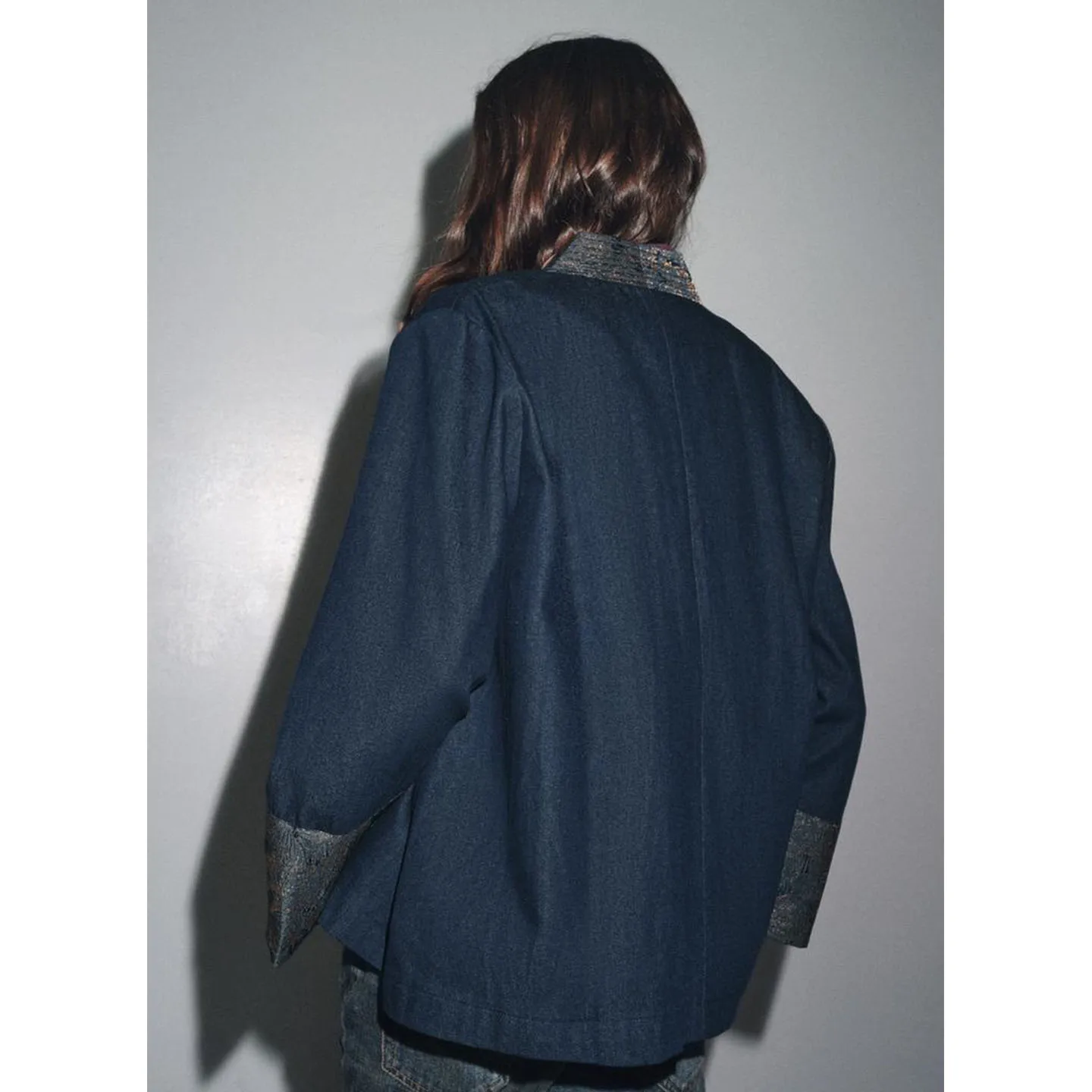 Automne femmes Double boutonnage v-ne couleur Blo Long Sve brodé Denim effet Kimono Sle vêtements d'extérieur décontracté coupe ample