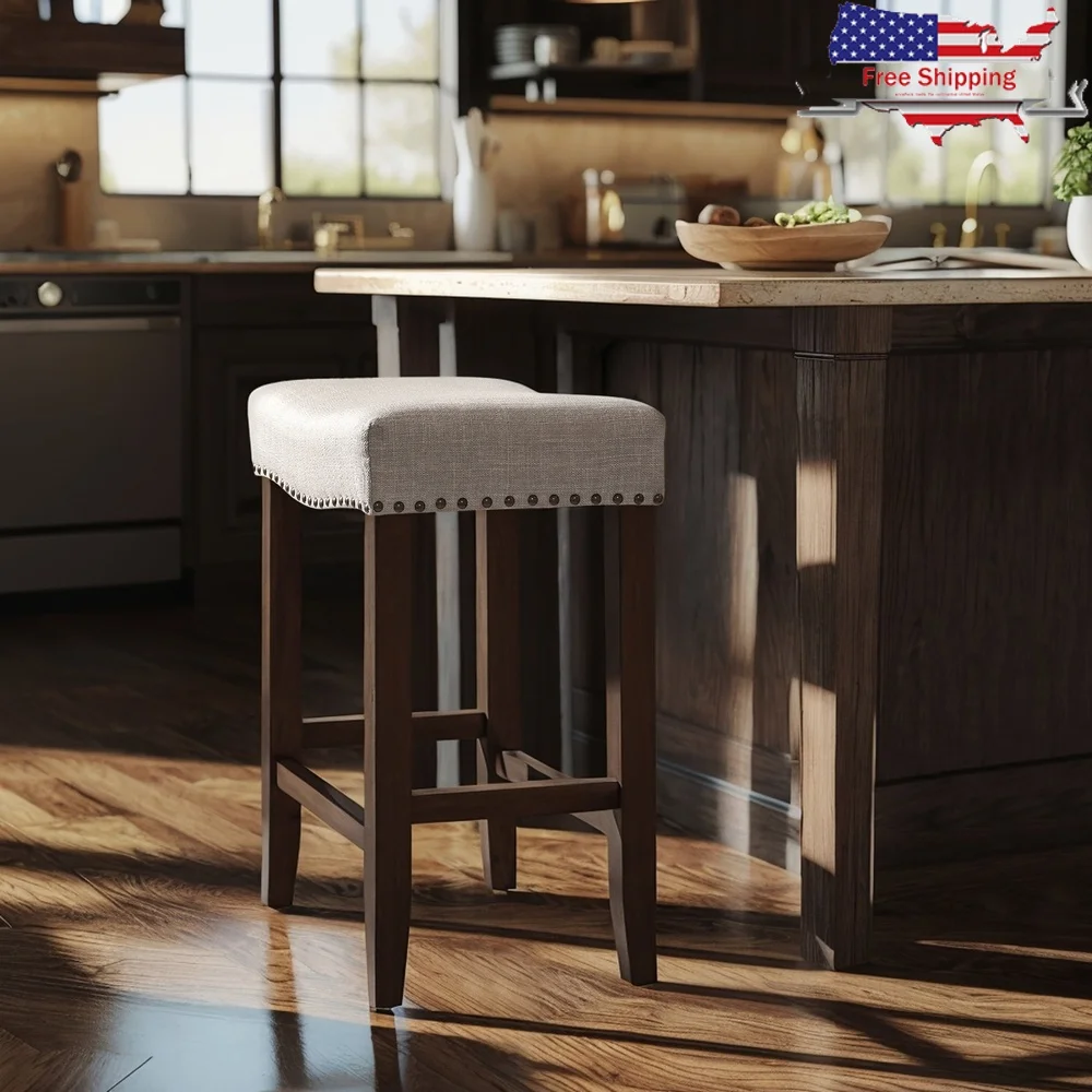 

24 Inch Backless Bar Stool Wooden Upholstered Kitchen Counter Stool Comfortable Saddle Seat Footrest Easy Assembly Home Decor