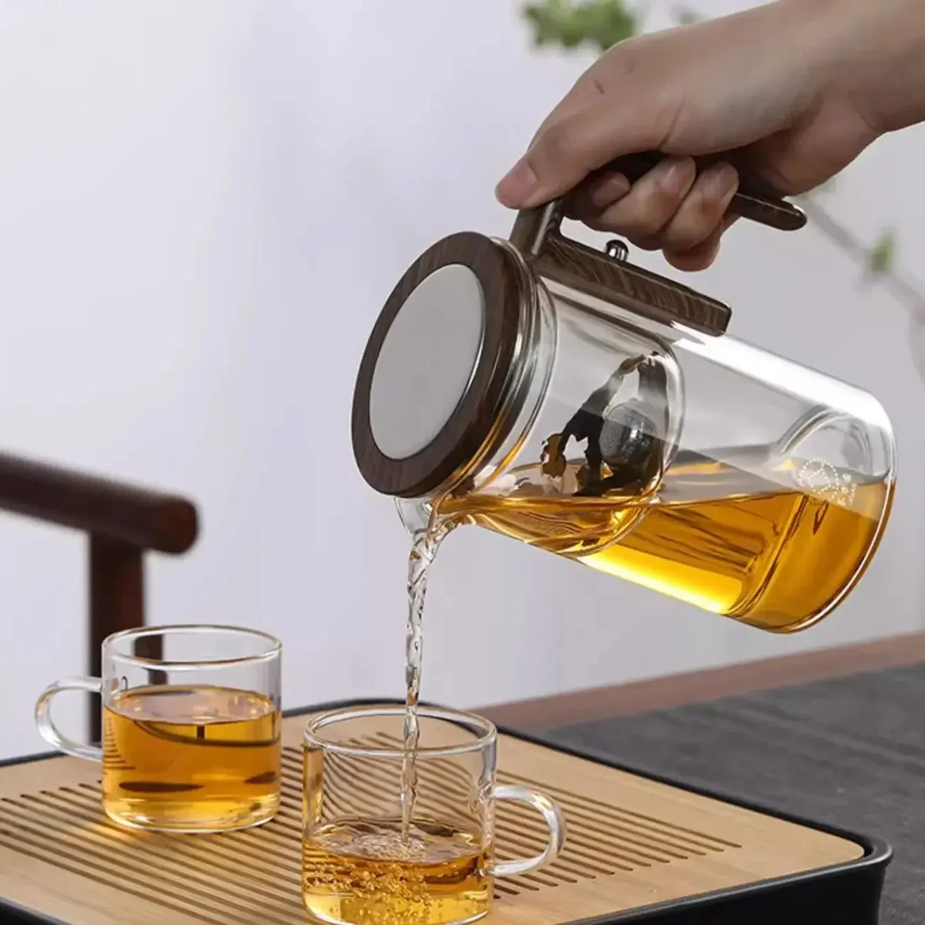 Glass Teapot Household One-Button Tea Water Separation Filter Tea Pot Natural Bamboo Drain Tray Puer Tea Set