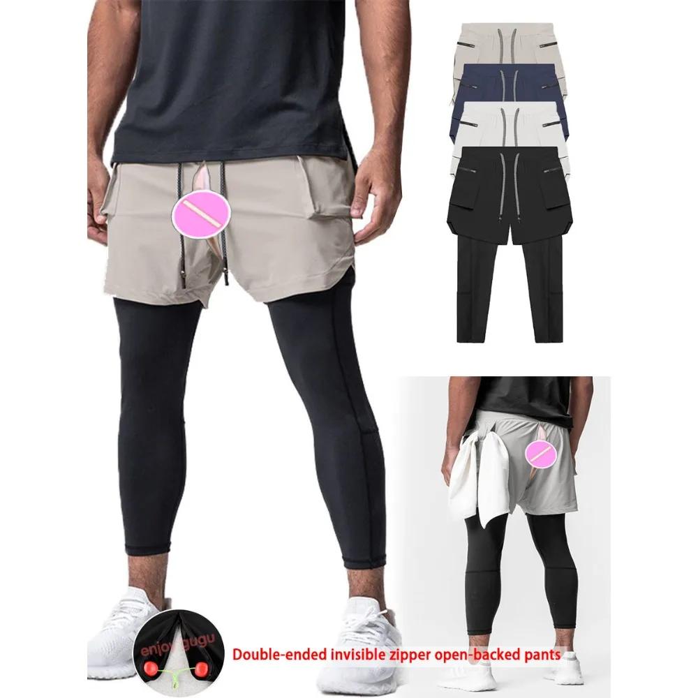 Autumn Outdoor Sex Open Crotch Erotic Pants, 2 in 1 Fitness Shorts Leggings Men's Sports Leisure Cargo Large Pocket Sweatpants