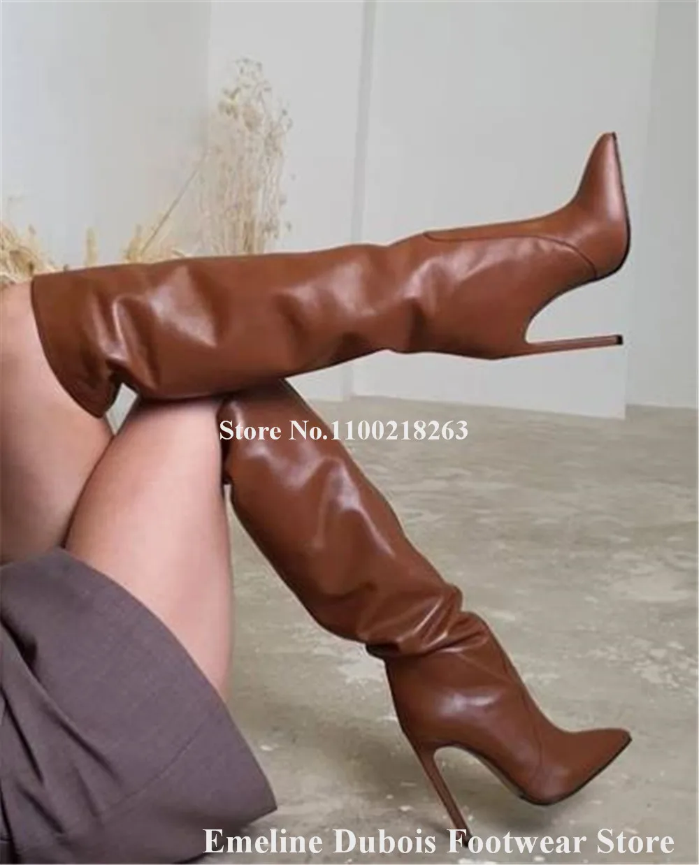 Brown Matte Leather Knee High Boots Emeline Dubois Elegant Pointed Toe Stiletto Heel Long High Heel Boots Sexy Party Heels